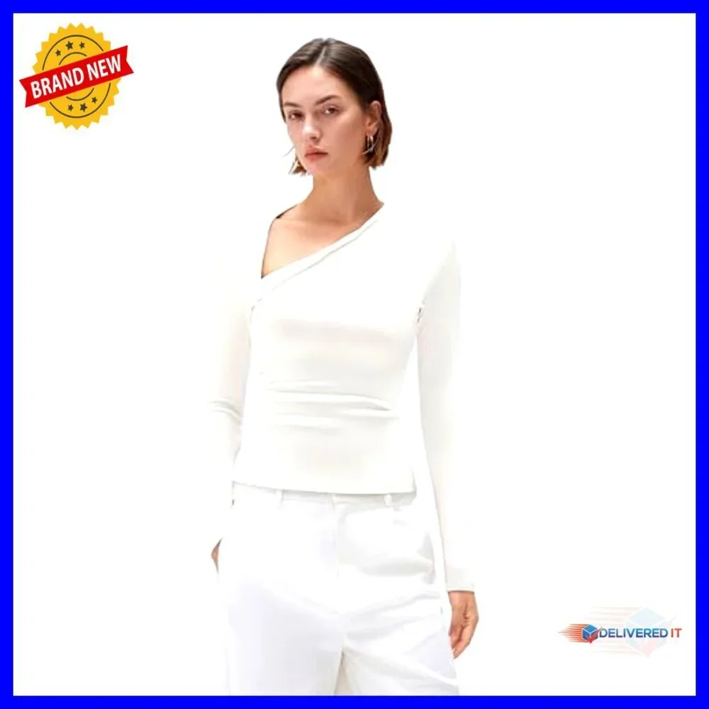 Modal Cashmere Long Sleeve T-Shirt Asymmetric Neck Ultralight Minimal Chic - Picture 2 of 6